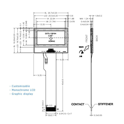 0.96 Inch Fstn / Positive / Transmissive Mono Lcd 128x64 Resolution  1/65duty,1/9bias