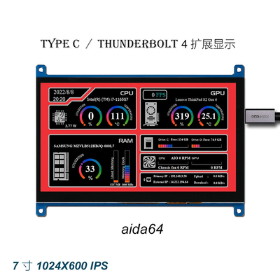 7 Inch TFT LCD Display Module,  With PCBA  TYPE-C Interface,  1024X600 Resolution, 350c/D