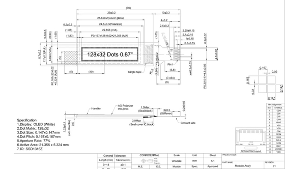 0.87 Inch White OLED Display with 128*32 Resolution and 4 Wire Spi Interface