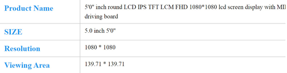 5'0'' Inch Round LCD IPS TFT LCM FHD 1080*1080 Lcd Screen Display With MIPI Interface For Driving Board On Vehicle