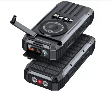Solar power bank with fast charging, wireless charging, hand-crank generator, 20000mAh, LED lighting, compass, infrared.