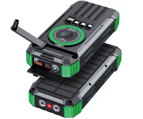 Solar power bank with fast charging, wireless charging, hand-crank generator, 20000mAh, LED lighting, compass, infrared.