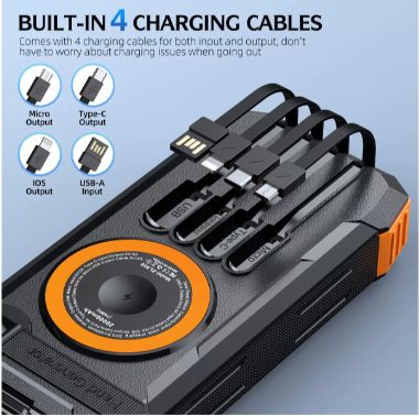 Solar power bank with fast charging, wireless charging, hand-crank generator, 20000mAh, LED lighting, compass, infrared.