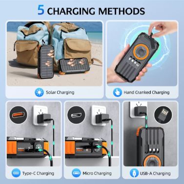Solar power bank with fast charging, wireless charging, hand-crank generator, 20000mAh, LED lighting, compass, infrared.