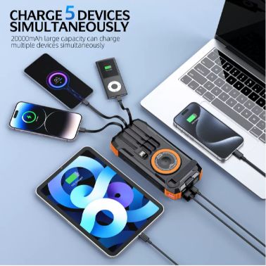 Solar power bank with fast charging, wireless charging, hand-crank generator, 20000mAh, LED lighting, compass, infrared.