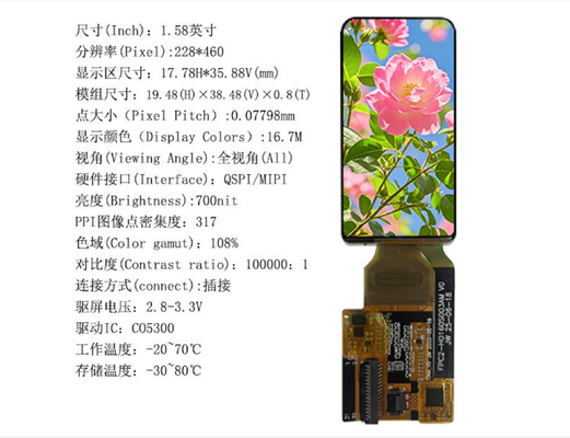 1.58 Inch AMOLED Display Module with 700nit Brightness 228RGB x 460 Resolution and QSPI/MIPI Interface，CO5300 Driver IC，TP IC CST820