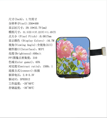 1.72" IPS TFT LCD Module with 356X400 Resolution and MIPI Interface