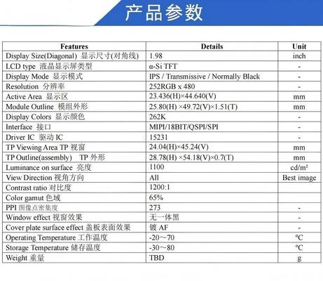 1.98" IPS TFT Module with 252X480 Resolution and MIPI/QSPI/18BIT/SPI Interface,Driving IC 15231,ALL VIEW,1100nit