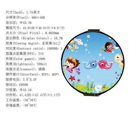1.75 Inch AMOLED Display Module with 700nit Brightness 466RGB x 466 Resolution and QSPI/MIPI Interface,Driving IC CO5300,TP IC CST9217