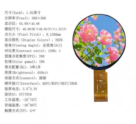 1.85" Round IPS TFT LCD Module with 360x360 Resolution and 450nit Brightness