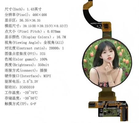 1.43" Round AMOLED Display with 466*466 Resolution and 350nit Brightness for Smartwatch and Home Appliances