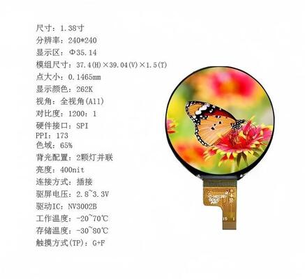 1.38 Inch Round IPS TFT LCD Module with 240x240 Resolution and 400nit Brightness