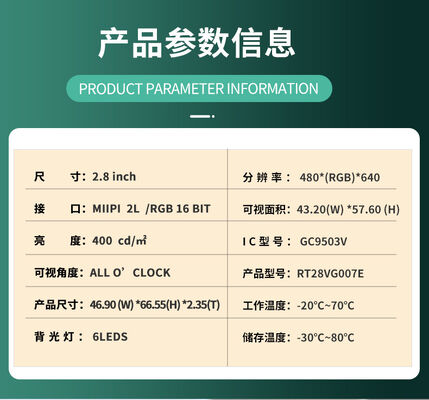 2.88 Inch TFT Display 480X(RGB)*640 Resolution,MIPI 2L/RGB 16BIT Interface, Driving IC GC9503V,Lightness 400 6LEDS ALL view angle