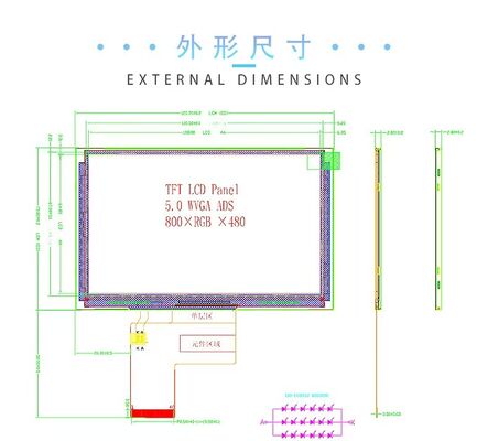 5.0 Inch TFT Display 800X(RGB)*480 Resolution RGB 24BIT Interface Driving IC ST7262 Lightness 650 18CHIP-WHITE LED ALL view angle