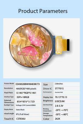 2.8 Inch Round TFT Display 480x480 Resolution ST7701S IC Circular TFT LCD Screen for Medical Equipment
