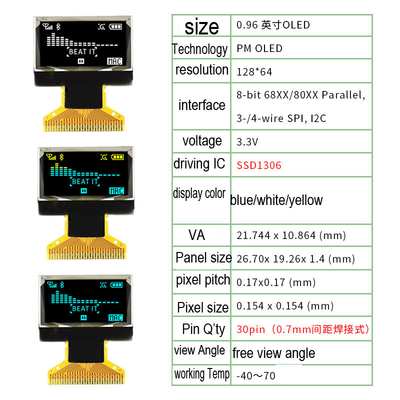 0.96 Inch PMOLED Display ,128x64 Resolution,  30pins 4 Wire SPI /I2C Interface,  Driving IC SSD1306