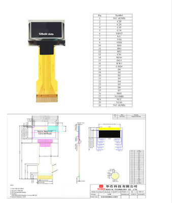 0.96 Inch PMOLED Display Module,  128x64,  I2C SPI Interface,  Blue Yellow Oled Display