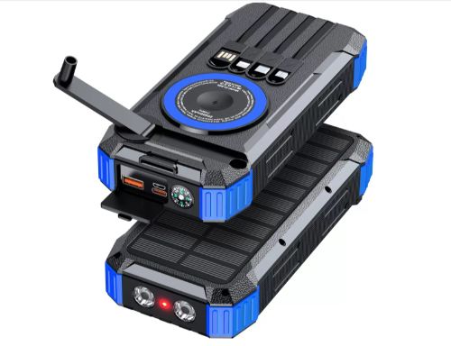 Solar power bank with fast charging, wireless charging, hand-crank generator, 20000mAh, LED lighting, compass, infrared.