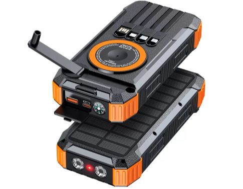 Solar power bank with fast charging, wireless charging, hand-crank generator, 20000mAh, LED lighting, compass, infrared.