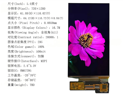 5.0Inch AMOLED Display Module with 500nit Brightness ,720 x 1280  and MIPI Interface,Driving IC RM67295,Display Colors 16.7M
