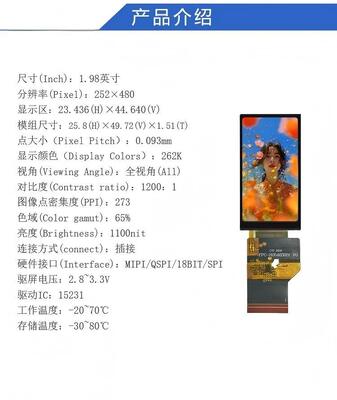1.98" IPS TFT Module with 252X480 Resolution and MIPI/QSPI/18BIT/SPI Interface,Driving IC 15231,ALL VIEW,1100nit