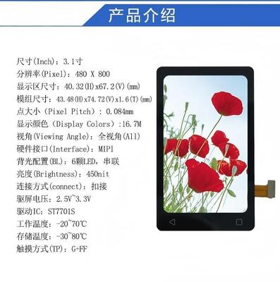3.1" IPS TFT LCD Module with 480x800 Resolution and MIPI Interface for Security Equipment