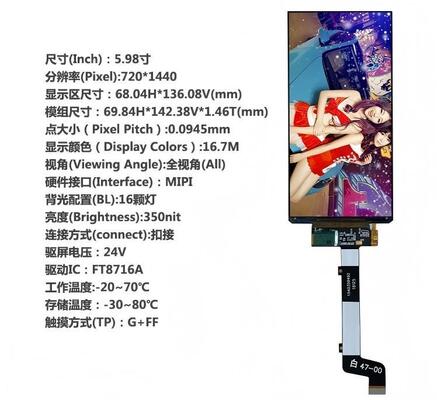5.98 Inch IPS TFT LCD Module with 720x1440 Resolution and 350nit Brightness for Security Screen