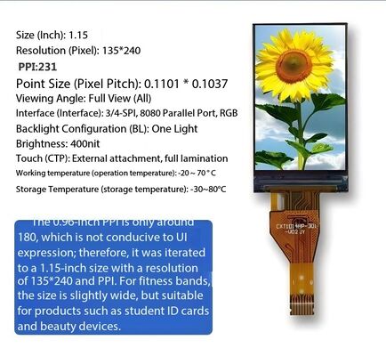 1.15 inch IPS TFT LCD Module with 135x240 Resolution and 400nit Brightness for Handheld Devices